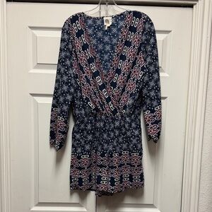 Anthropologie Lilka Romper Tie Waist M V Neck Geometric Long Sleeves Boho T100oo